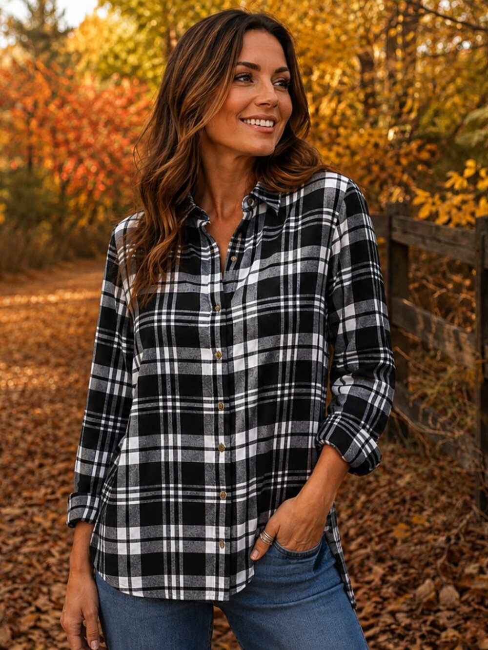 JACHS GIRLFRIEND NY Long Sleeve Collared Button-Up Black & White Plaid Shirt M